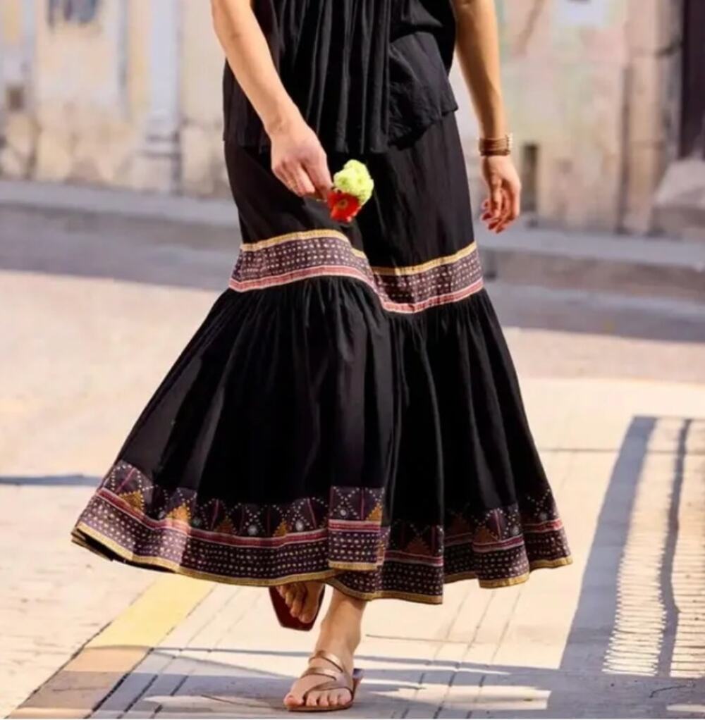Alamwar Gypsy Skirt Maxi Black Cotton Printed Hem Tassel Tie LARGE NEW India
